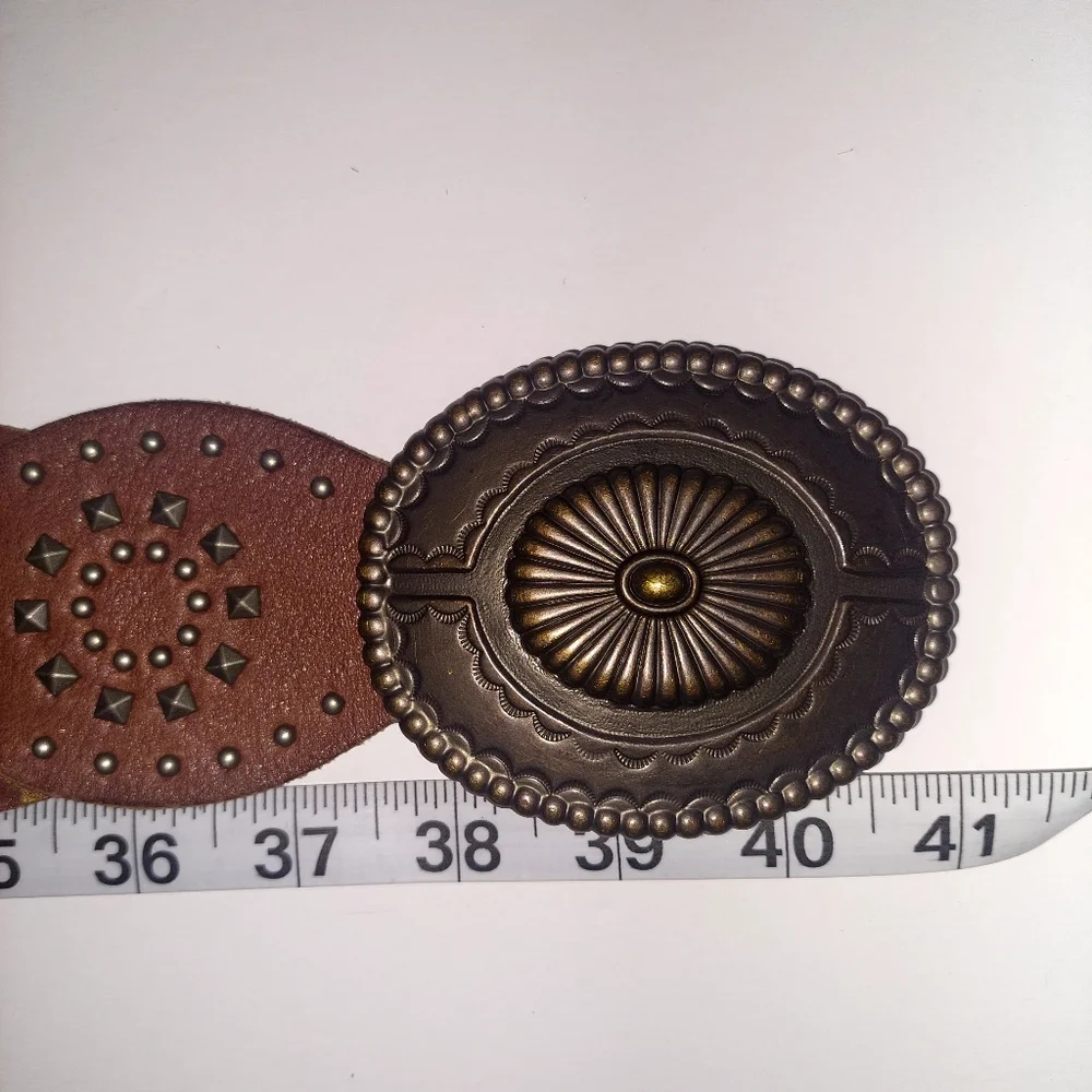 Fossil Multi-Panel Studded Leather Belt in Brown and Bronze Tones